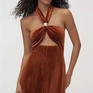 Anthropologie Flat White Velvet Halter Neck Brown Dress